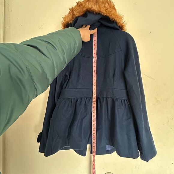Tulle Anthropologie Wool Brown Faux Fur Trim Hood Long Blue Coat Size Medium - Picture 7 of 12